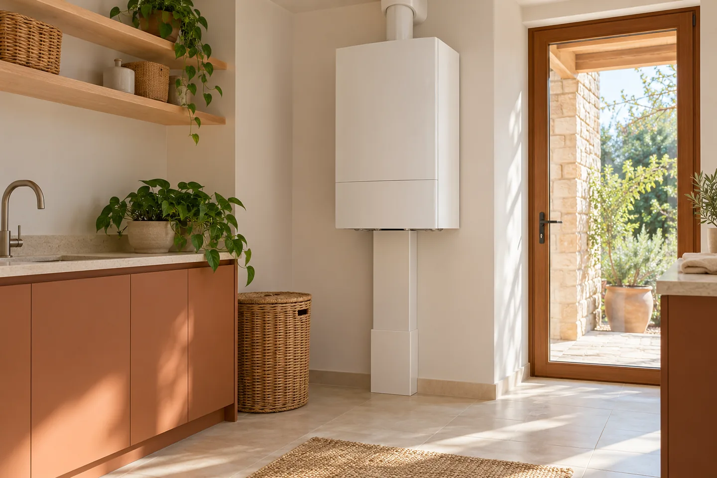 Closed heating boiler in a tidy utility room