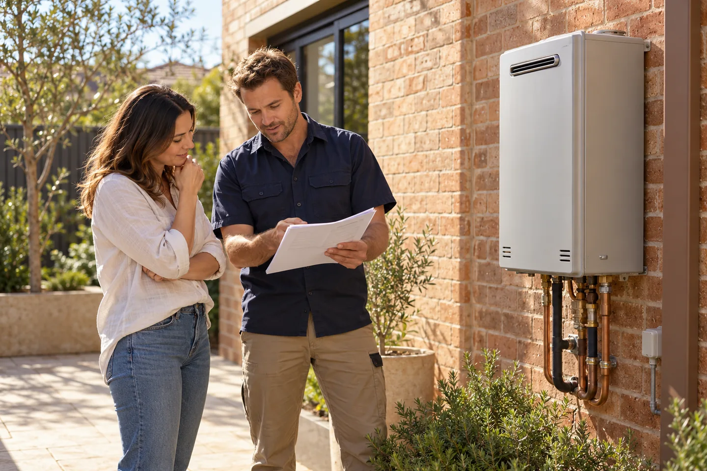 Illustrative homeowner and tradesperson discussing a closed hot-water appliance