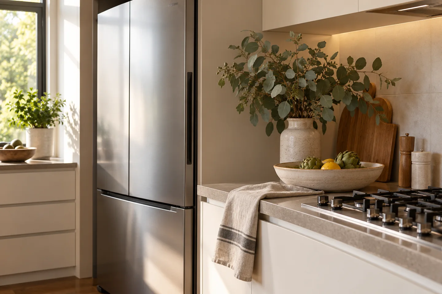 Closed refrigerator and unlit cooktop in a domestic kitchen