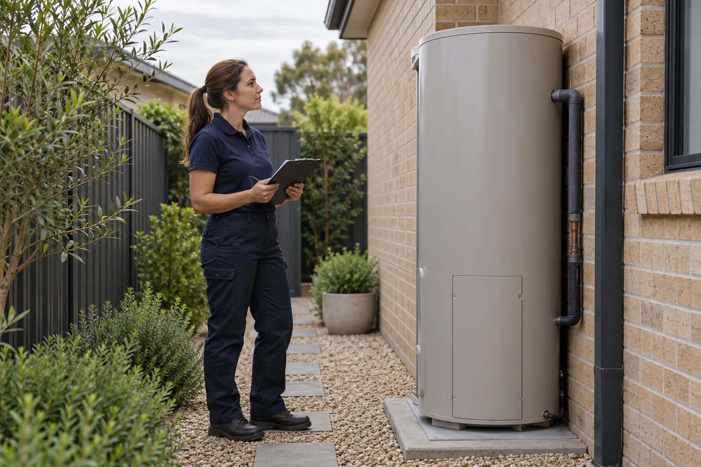 Illustrative professional observing a closed outdoor unit without handling it